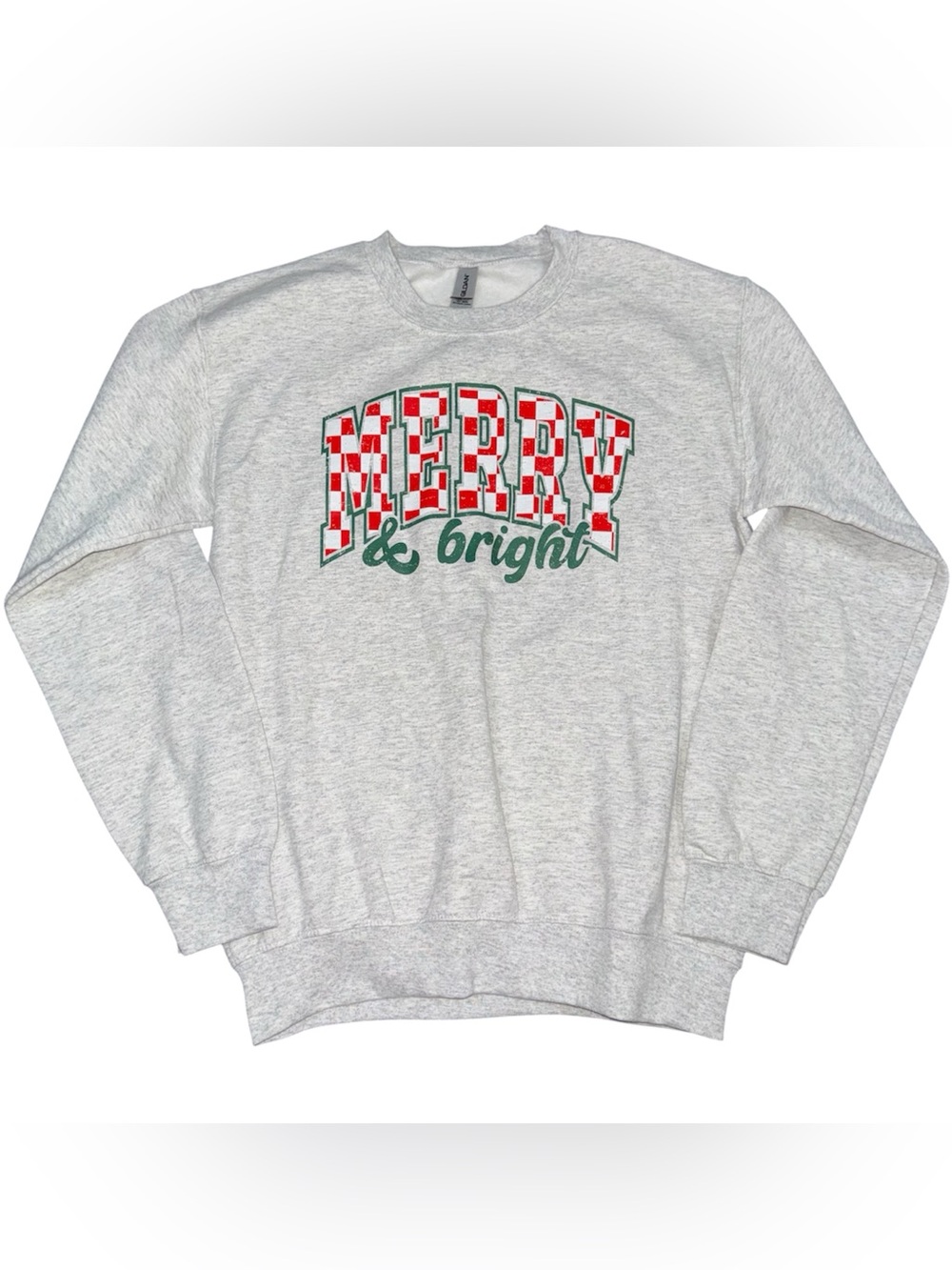 Merry & Bright Graphic Red White Checkered Gray Gildan Crewneck Sweatshirt Small